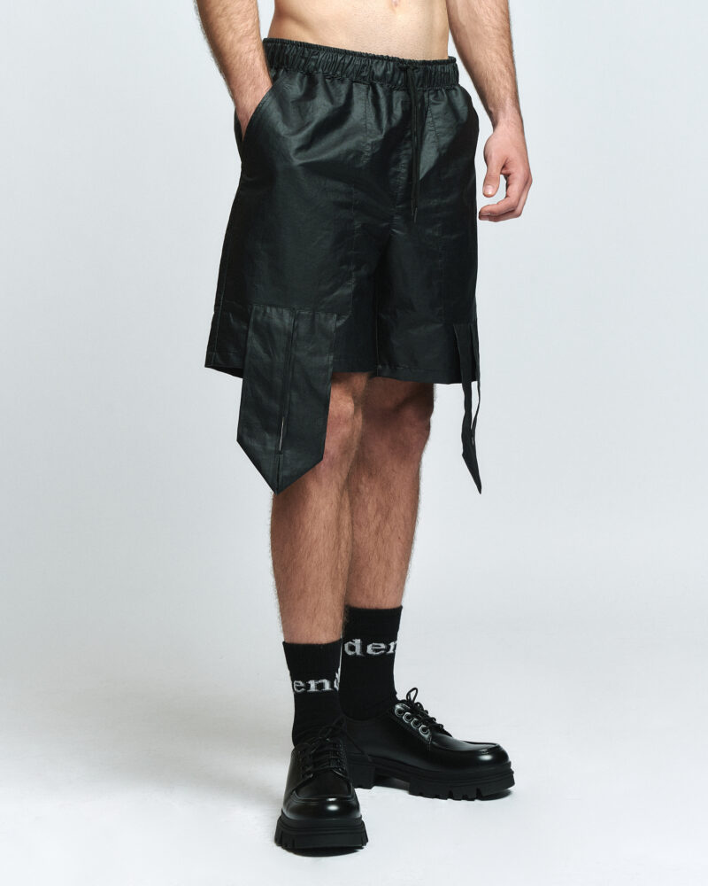 BLACK COATED LINEN SHORTS